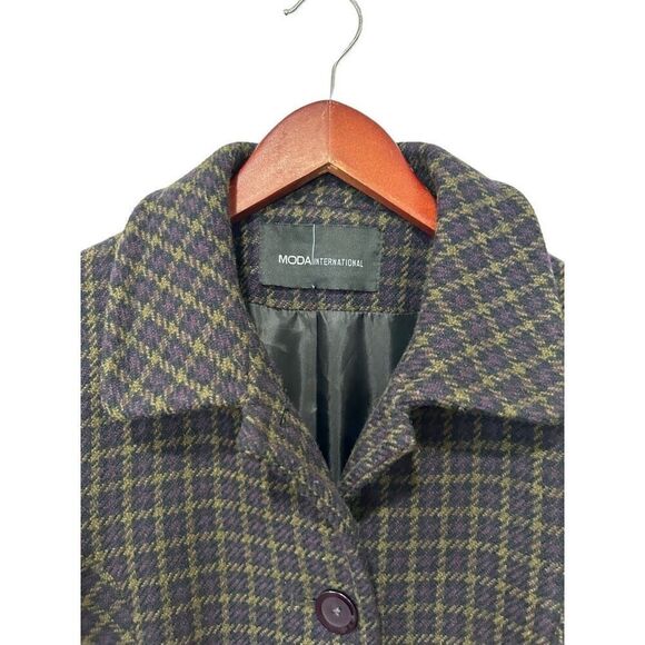 Moda International Purple Yellow Patterned Wool Button Front Peacoat Size Small - Picture 6 of 12